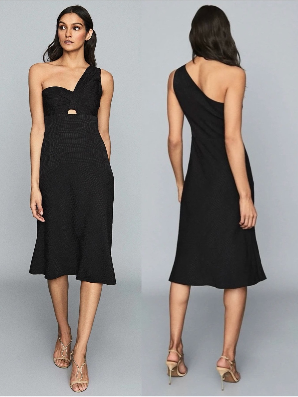 REISS Kennedy Black Textured One-Shoulder Twist Cutout Midi Dress NWT Size 6
